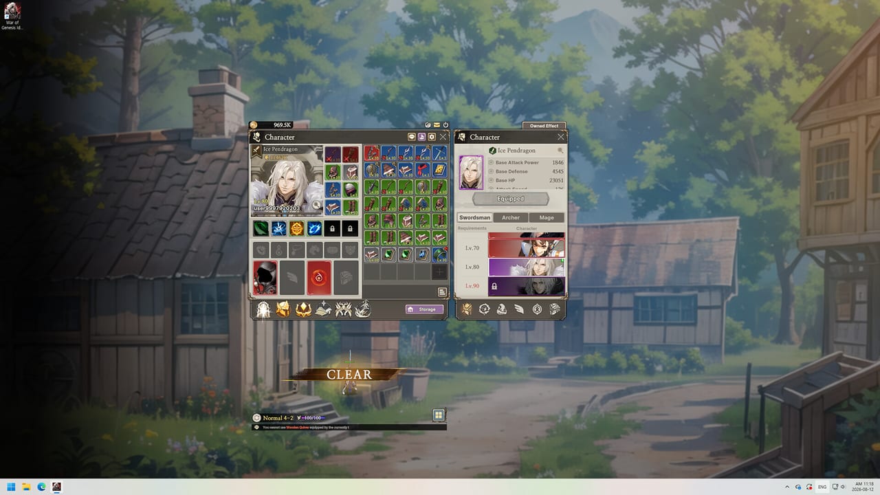 War of Genesis: Idle Loot character window showing Ice Pendragon, gear slots, and the Swordsman Archer Mage roster